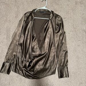 PLT Cowl Neck Satin Blouse in Olive and Black